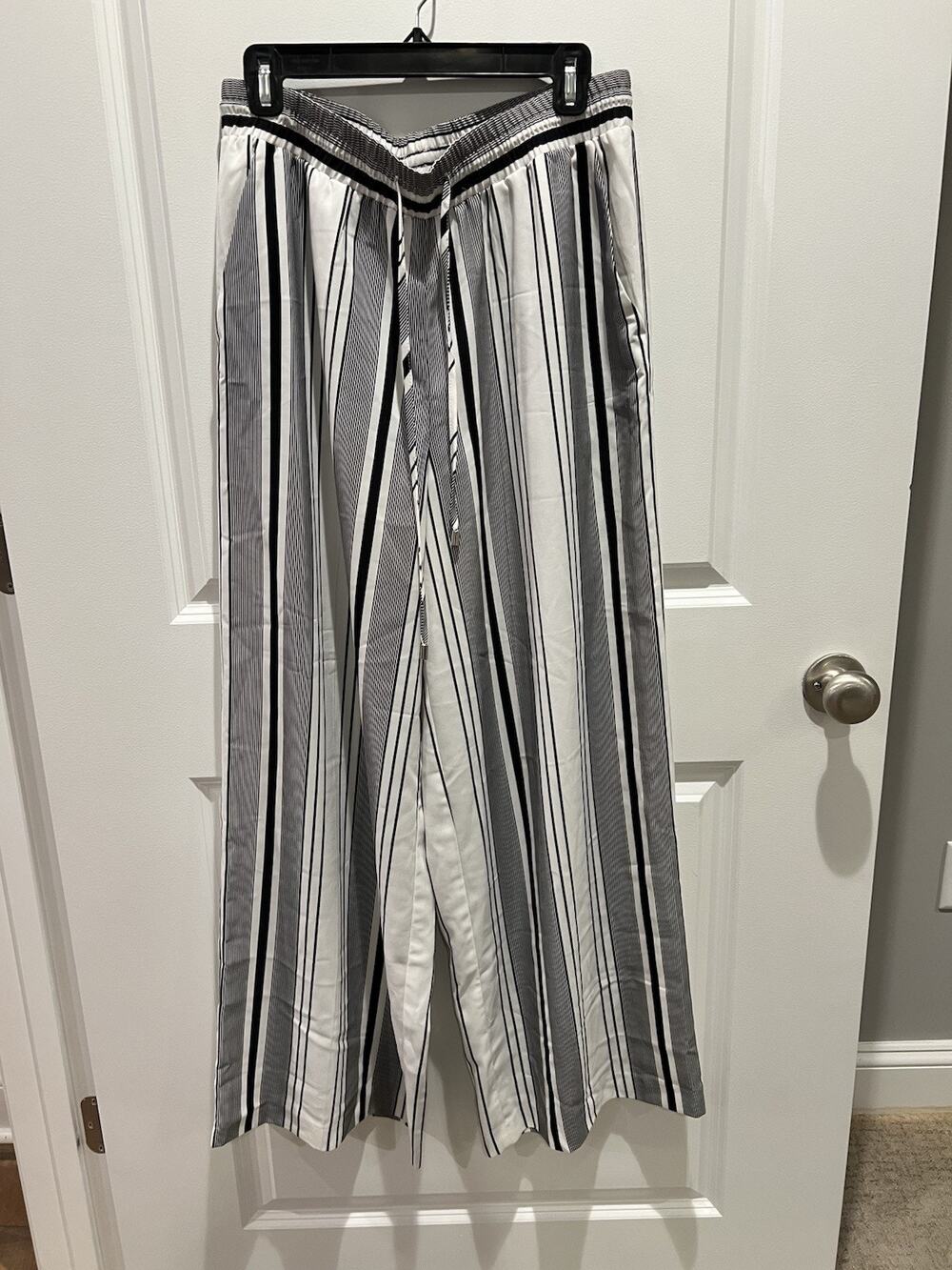 Joan Vass Women's Striped Comfortable Wide Leg Pants Black and White Size Large